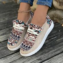 Women's Vintage Western Random Print Canvas Shoes, Spring/Autumn New Style, American Casual Slip-On Slouchy Shoes, Versatile Flat Loafers - Khaki - View 3