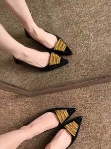 女款高級小眾尖頭蛇紋細高跟單鞋 春秋法式風格 晚宴通勤時尚奶奶鞋 - 黑色 - 查看 2