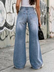 Women's Casual Distressed Straight Leg Jeans, With Pockets, Non-Stretch, Long Design, Creating A Loose Grunge Style - Light Wash - View 2