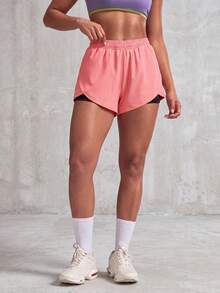 1pc Women's Shorts Solid Color Lining 2 In 1 Sports Pants, Elastic Two Pieces, Suitable For Running, Sports, Yoga, Fitness In Summer - Hot Pink - View 3