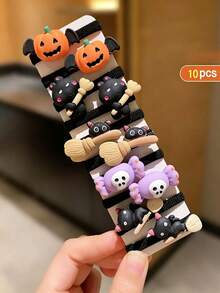 10/8pcs (No Cardboard) Cute Hair Ties For Teens, Fun Pumpkin, Ghost, Bat Cat Design, Halloween Girls Gift, Suitable For Back To School Season - Multicolor - View 8
