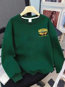 Boys Fashion Racing Print Crew Neck Sweatshirt + Cargo Pants Long Trousers, Autumn/Winter Daily 2pcs Set - Dark Green - View 4