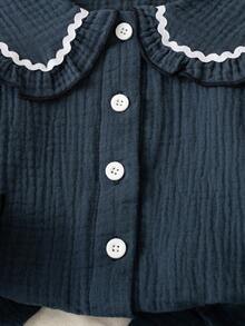 Conjunto de blusa de manga larga con cuello Peter Pan con volantes y falda azul de estilo preppy lindo para niña bebé en otoño/invierno para salidas y fiestas - Azul - Ver 4