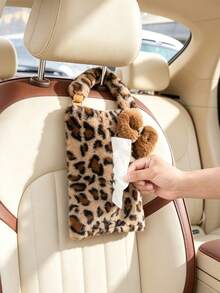 1pc Fashionable Leopard Print Hanging Tissue Bag, Plush Fabric With Pom Pom Decoration, Easy Hanging Installation For Convenient Access, Car Tissue Box, Women's Car Accessory, Home Decor Accessory, Car Seat Decoration, Dual Use For Home And Car - Multicolor - View 11