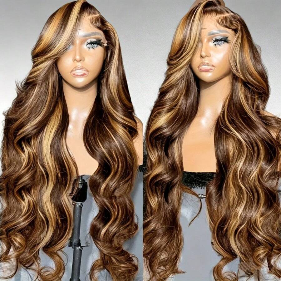 Body Wave 200% Density P4/27# 13x4 HD Transparent Lace Frontal Human Hair Wigs 38 40 Inches Brazilian Pre Plucked With Baby Hair Water Wave Lace Front Wig For Women