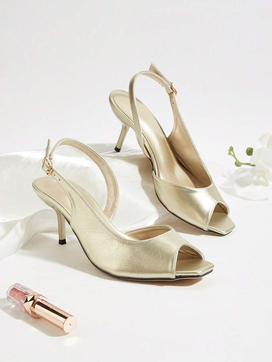 Women's Shallow Open Toe Side Cutout Mule Shoes, Elegant And Comfortable For Vacation, Party And Daily Wear, Solid Color Slip-On Versatile High Heel Sandals - Gold - View 1