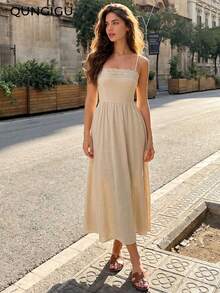 Women's Spaghetti Strap Lace Trim Elegant Summer Dress, Suitable For Wedding Guest, Evening Party, Graduation Ceremony - Khaki - View 5