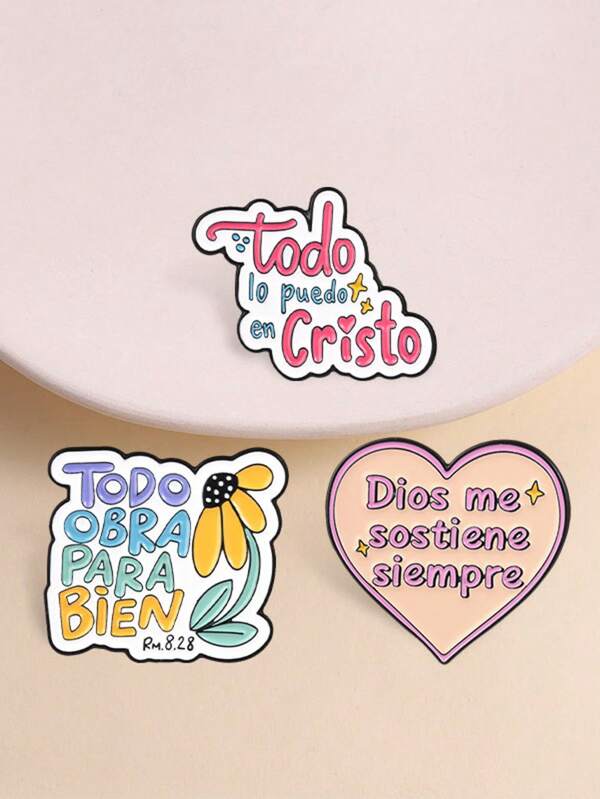 Spanish Faith Inspirational Slogan Enamel Pin Set Heart Flower Pastel Healing Lapel Badge For Backpack Jacket Decor