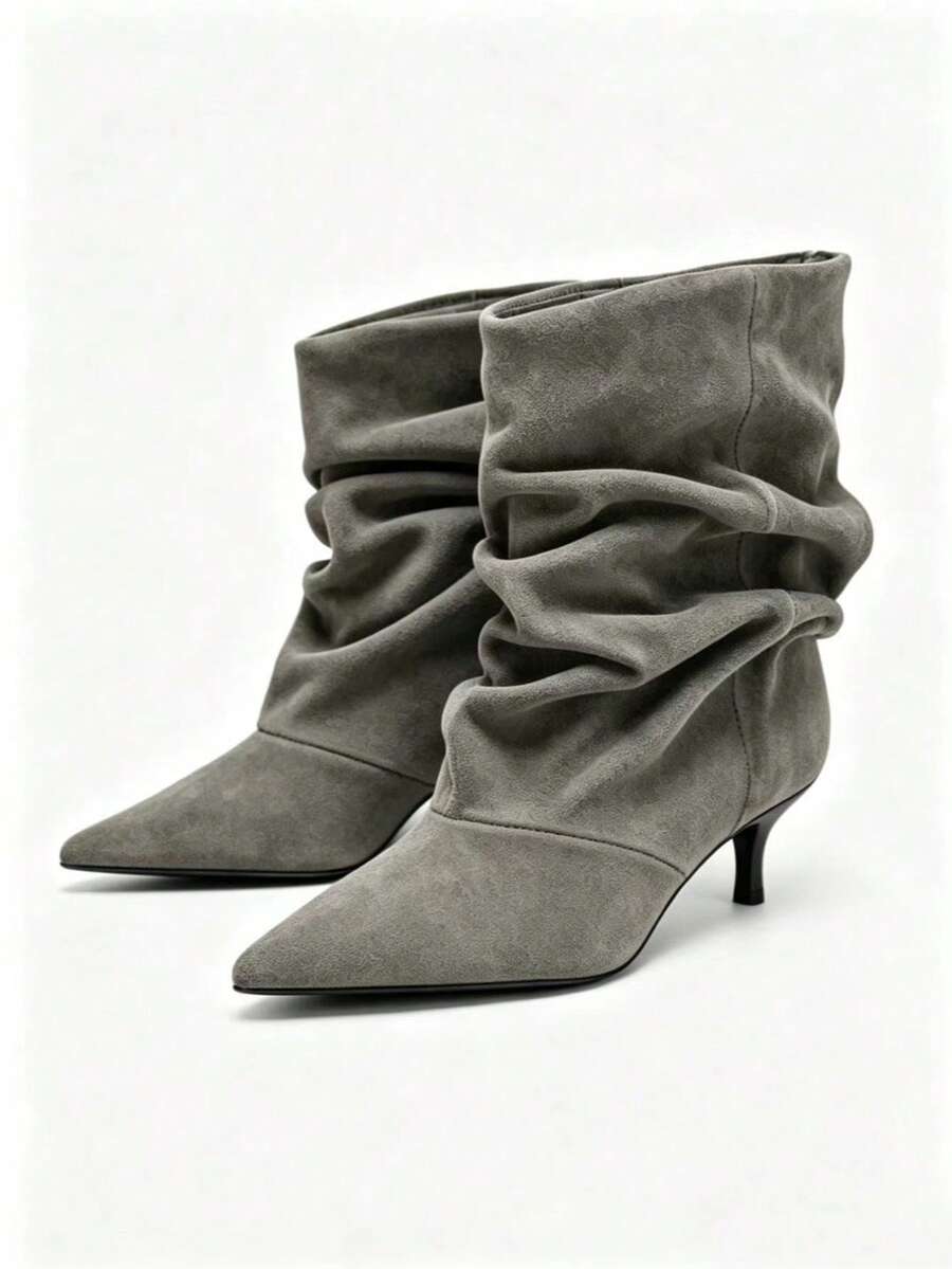 Women's Gray Suede Ruched Mid-Calf Boots, Pointed Toe Kitten Heel Design, Vintage Chic Autumn/Winter Commuter Versatile Fashion Boots