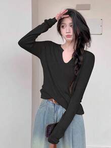 Women's V-Neck Long Sleeve Fitted Knit Sweater, Autumn/Winter Style, Simple Casual, Suitable For Daily Commute, Long Sleeve Top - Black - View 4