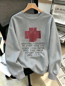 大尺碼女款時尚圓領運動衫，復古紅十字檔案數位圖案印花，秋冬日常街頭風女式上衣 - 灰色 - 查看 8
