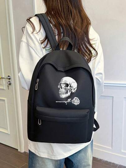 Dark Punk Skull Rose Pattern Backpack, Unisex Casual Daypack Front Pocket Lightweight Black Bag For Daily School Street Errands
