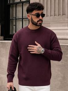 Lookun ANDREILEE Sweater Rajut Pendek Lengan Panjang Leher Bulat Kasual Serbaguna Bahu Jatuh untuk Pria, Cocok untuk Musim Semi, Gugur, dan Musim Dingin - Burgundy - View 2