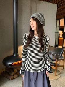Women's Round Neck Striped Versatile Long Sleeve Knit Sweater, Loose Fit Slimming Knit Top For Autumn/Winter - Black and White Stripes - View 3