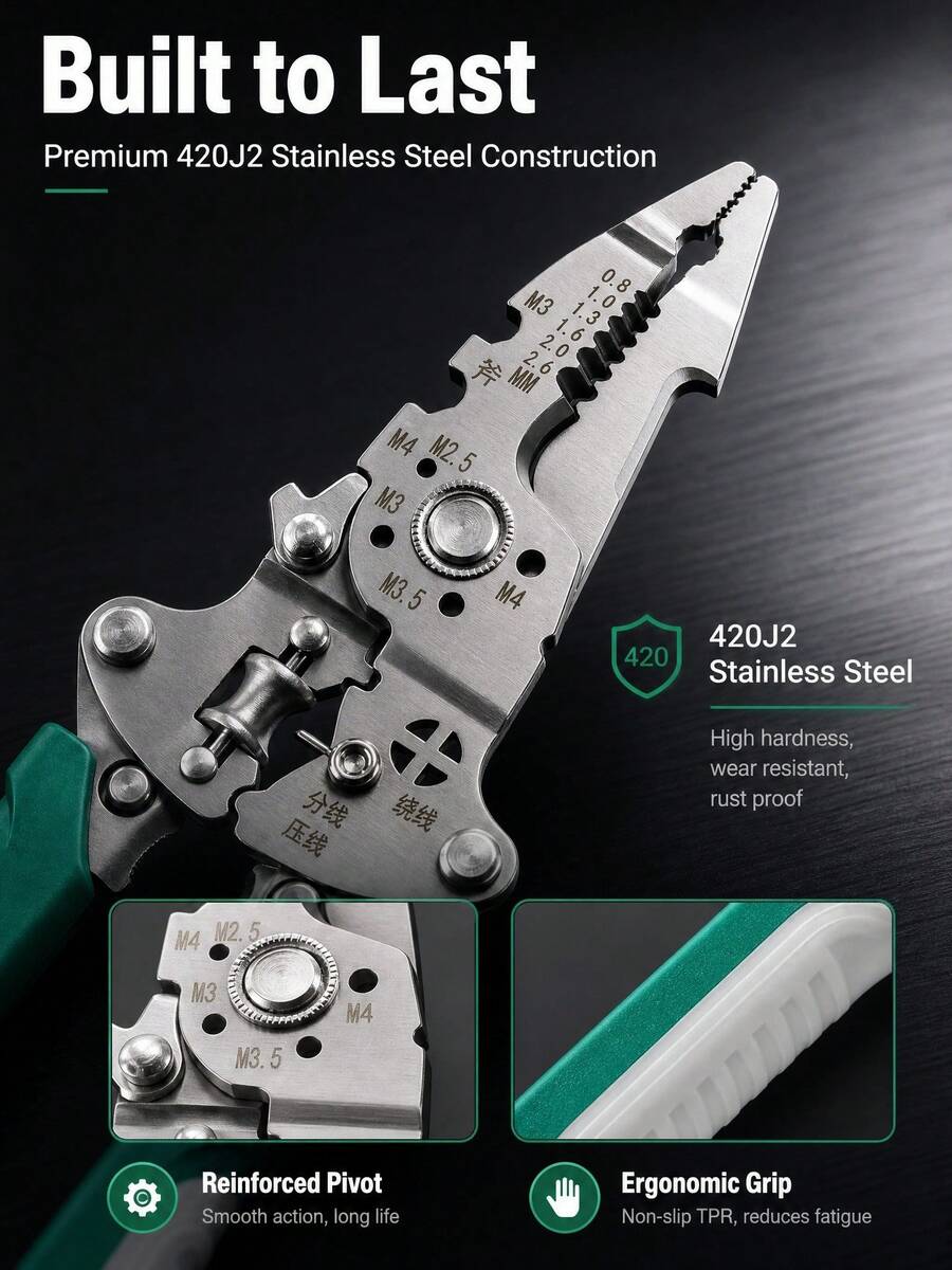 Multifunctional Wire Stripper, Anti-Slip Fast Stripping And Cutting, Stripping Range 0.8-2.6mm², Suitable For Professional Electricians, Foldable Wire Stripper. Applicable To Electrical Engineering, Home Appliance Repair, Home Renovation, Automotive Repair And Marine Maintenance. - 12-in-1 Wire Stripper - View 1