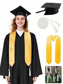 Graduation Gown Set, Includes Graduation Cap, Tassel, Honor Cord, Doctoral Hat, Academic Robe, Graduation Ceremony Hat, High School/University Graduation Season, Solid Color Graduation , Honor Satin Shawl, Honor Cord - Multicolor - View 4