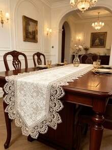 HXARTMIS 1 buah Taplak Meja Renda Jacquard Vintage, Taplak Meja Bordir Berongga Eropa, Taplak Meja Dekoratif Warna Beige, Cocok untuk Meja Makan, Pesta Pernikahan, Dekorasi Rumah - Krem - View 3