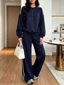 Autumn Korean Street Style Lazy Set, Dropped Shoulder Round Neck Basic Long Sleeve Sweatshirt + High Waist 3D Segmented Wide Leg Floor-Length Pants, Multi-Scenario Commute, Travel, Casual 2 Pieces Set - Navy - View 3