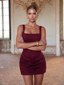 QOQ Women's Luxury Thick Strap Formal Evening Gown, Sexy Lace-Up Back, Suitable For Prom, Wedding Guest, Spring/Summer Cocktail Party, Long Dress Fall - Burgundy - View 4