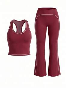 Women's Casual Contrast Racerback Sport 2 Pieces Set,Sleeveless Tank Skinny Tops,High Waist Activewear Flare Pants,For Yoga,Gym,Thanksgiving,Christmas - Burgundy - View 4
