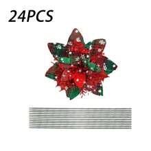 3/12/24pcs Christmas Artificial Poinsettia Branch, Red Green Plaid Fake Flower With Stem, No Clip Floral Pick For Holiday Decor - Red - View 8