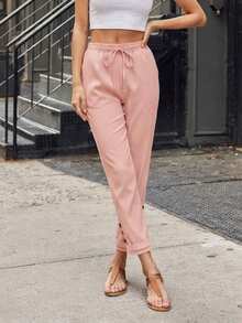 Jisfaneya Women's Casual Pants With Drawstring, Elastic Waistband, And Button Accents Pink - Pink - View 4