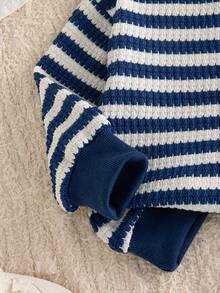 Autumn/Winter Baby Girl Blue Striped Outfit & Spring/Autumn New Round Neck Loose Top & Wide Leg Pants 2-Piece Set, Stylish Versatile Casual Outfit For - Blue - View 6