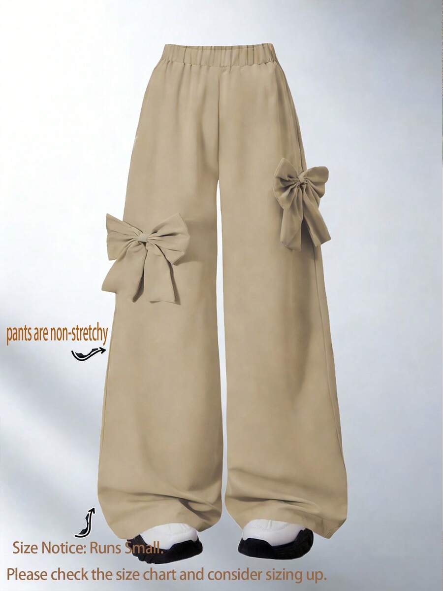 Lurzo Fashionable & Sweet Casual Minimalist Bow Decor Pink Wide Leg Pants, Suitable For Outdoor, Party, Campus And Daily Wear In Spring And Autumn - Khaki - View 1