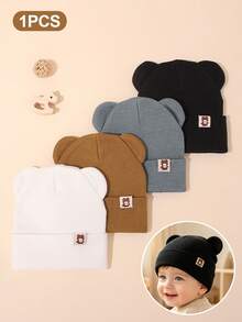 1pc Soft Elastic Knitted Children's Beanie, Bear Ear Patchwork Cuffed Knit Hat, Suitable For Boys And Girls Daily Outdoor And Fashion Wear - 1PC - View 1