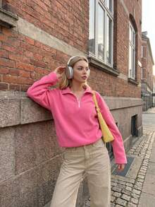 Half Zip Sherpa Pullover Drawstring Hem Cozy Athleisure Outdoor Casual Daily Fall Winter Outfits - Pink - View 3