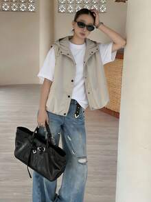Nuevo diseño de otoño de moda versátil con dobladillo con volantes, unicolor, tejido holgado, informal, sin mangas, chaleco con capucha para mujer, primavera - Caqui - Ver 2