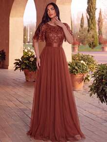 EVERPRETTY Ruffled Sleeve Floral Sequin Mesh Evening Gown, Elegant Evening Dress Fall Wedding Party - Burnt Orange - View 7