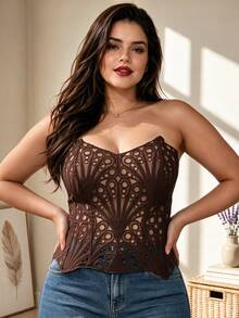 Sexy Style Lace Corset Sheer Fishbone Waist Cincher Sexy Plus Size Tight Bustier - Brown - View 3