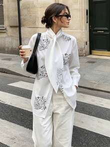 大码优雅女士长袖衬衫，领口装饰系带 - 纯白色 春季款 - 白色 - 查看 2