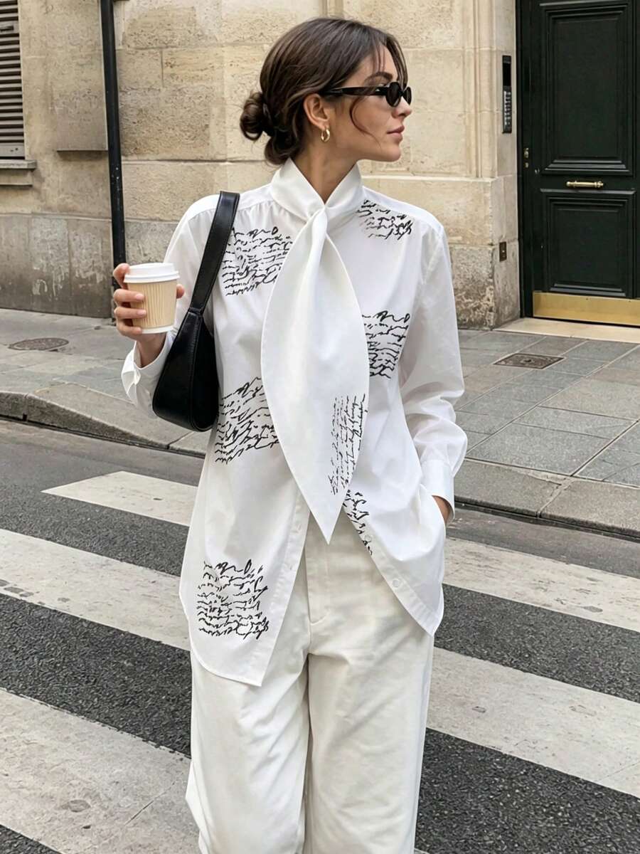 大码优雅女士长袖衬衫，领口装饰系带 - 纯白色 春季款
