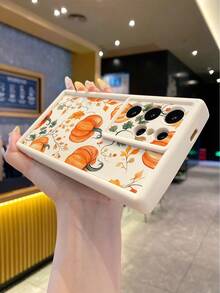 1pc Fashion Pure Android TPU Material Pumpkin Vine Leaf Autumn Element Pattern Lens Protection Thick Anti-Fall Anti-Fingerprint Beige Diamond Sand Phone Case Compatible With Samsung/Transsion/HONOR/ - Beige - View 3