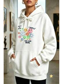 Women's Oversized Brushed Cotton Hoodie, Graphic Print With White Face And "Love Your" Text, Drawstring Hood, Kangaroo Pocket, Casual Streetwear Style - White - View 8