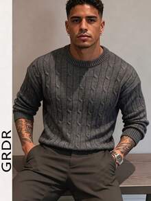 GRDR Men's Casual Cable Knit Crew Neck Long Sleeve Sweater - Grey - View 6