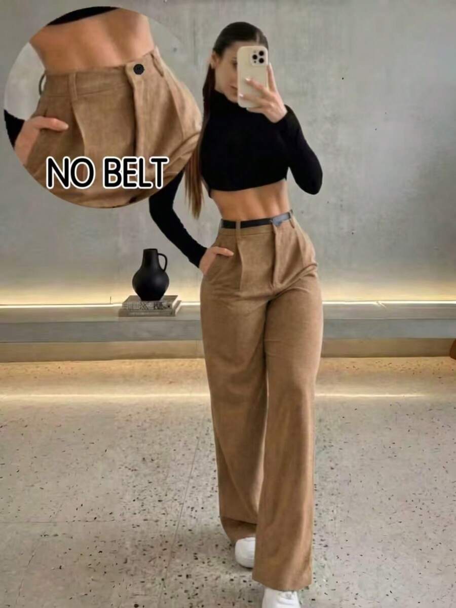 女款白色聚酯纖維短直筒褲，無彈性且不透光，打造俐落造型 - 棕色 - 查看 1