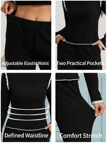 Women's Spring Autumn Winter Solid Color Ribbed Casual Double Pocket Fashion Sweet Lace Trim High Neck Long Sleeve Long Pants Comfortable Loungewear 2-Piece Set - Black - View 11