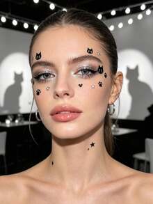 Black & Silver Cat Themed Face Decoration Stickers With Tweezers, Diverse Silhouette Pattern Decals, Clean Lines With Textured Finish, Suitable For Party Makeup, Stage Face Decoration, Music Festival And Other Face Decor - Multicolor - View 3