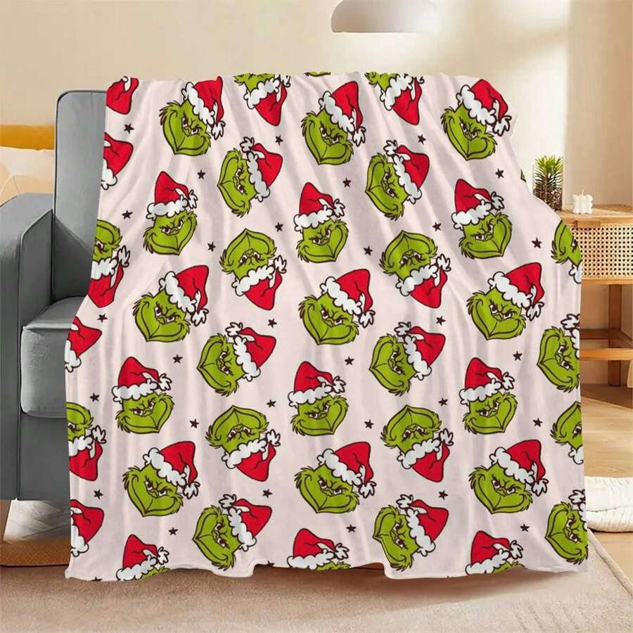 The Grinch Soft & Comfortable 1pc All-Over Print Modern Flannel Christmas Nap Blanket - Christmas Tree - Polyester Nap Blanket - Digital Print Craft, Suitable For Sofa, Bed, Travel, Office Home Decor - Multicolor - View 1