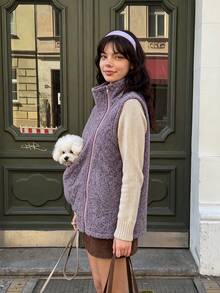 Women's Casual Wool Fleece High Neck Zip-Up Pocket Loose Jacket, Essential For Pet Owners, Autumn/Winter Outfit - Purple - View 7