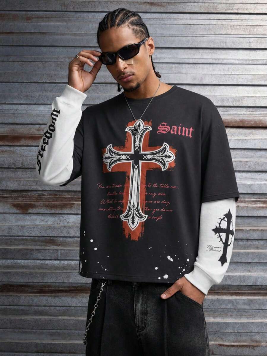 Men's Y2K Gothic Cross Letter Thorn 2 In 1 Patchwork Dropped Shoulder Short Long Sleeve T-Shirt - Multicolor - View 1