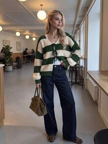 Women Autumn Striped Knit Cardigan V Neck Tie Front Long Sleeve Fall Outfits For Women Casual Tops - Multicolor - View 7