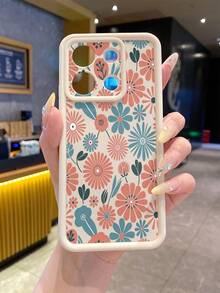 1pc Fashion Pure Android TPU Material Pink-Blue Floral Pattern Lens Protection Thick Anti-Drop Anti-Fingerprint Beige Diamond Sand Phone Case Compatible With Samsung/Transsion/HONOR/ - Beige - View 1