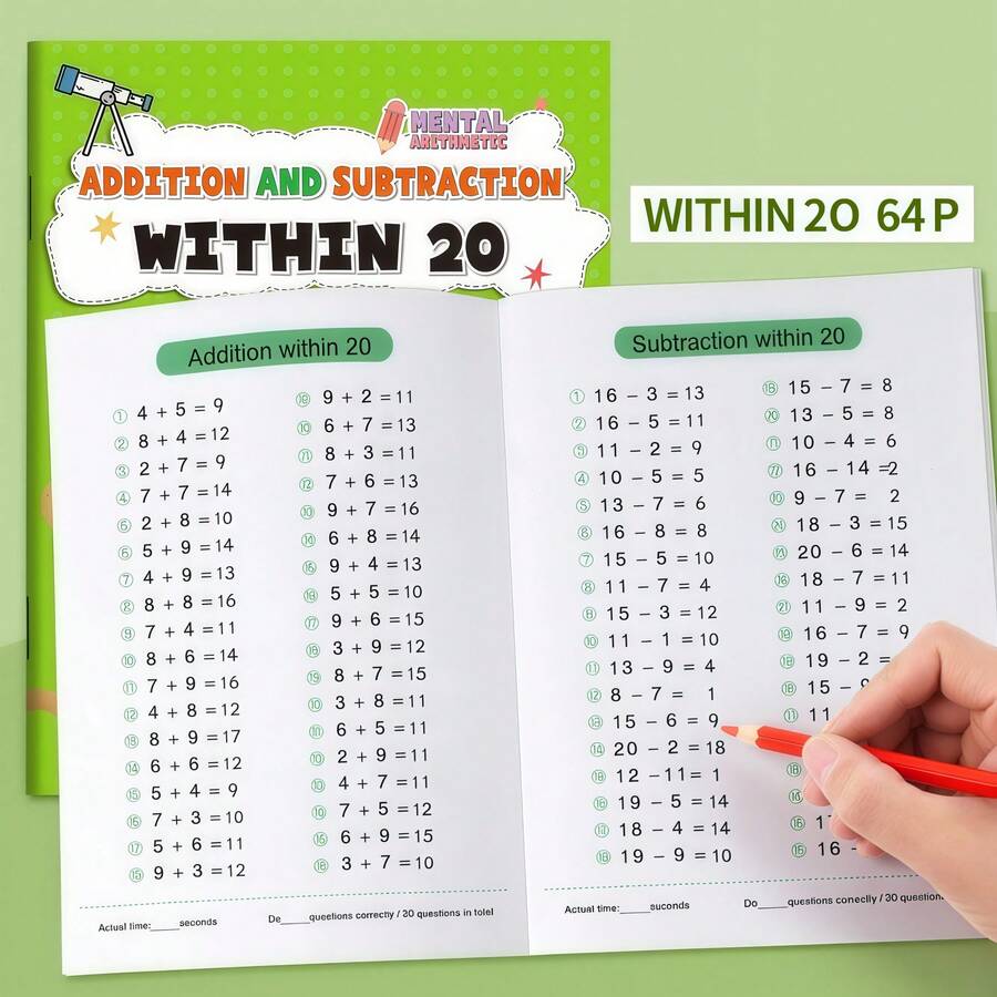 1pc 64-Page Addition And Subtraction Practice Book, 10-100 Mental Math Workbook For Kids, Kindergarten Early Education Home Learning Supplies, Halloween Decor, Christmas Gift, Random Style