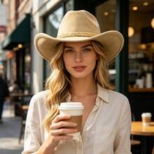 Retro Cowgirl Hat For Women Men Faux Suede Wide Brim Western Cap - Light Brown - View 2