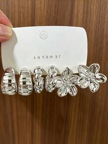 6/18PCS Fashionable Elegant Floral Geometric Multi-Element Silver Earrings Set, Women's Fashion Earrings Set, Daily Wear, (Lightweight CCB Material, Non-Fading) Suitable For Various Party Occasions. - Silver - View 4