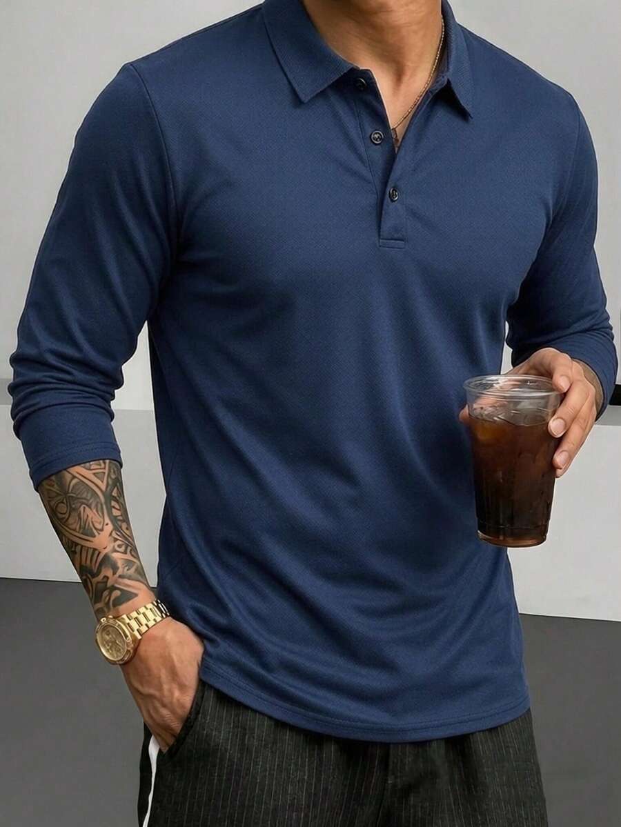 Men's Solid Color Long Sleeve Polo Shirt, Casual Fashion, Suitable For Daily Wear, Lightweight And Breathable, Men's Polo Shirt, Suitable For Sports, Spring/Summer